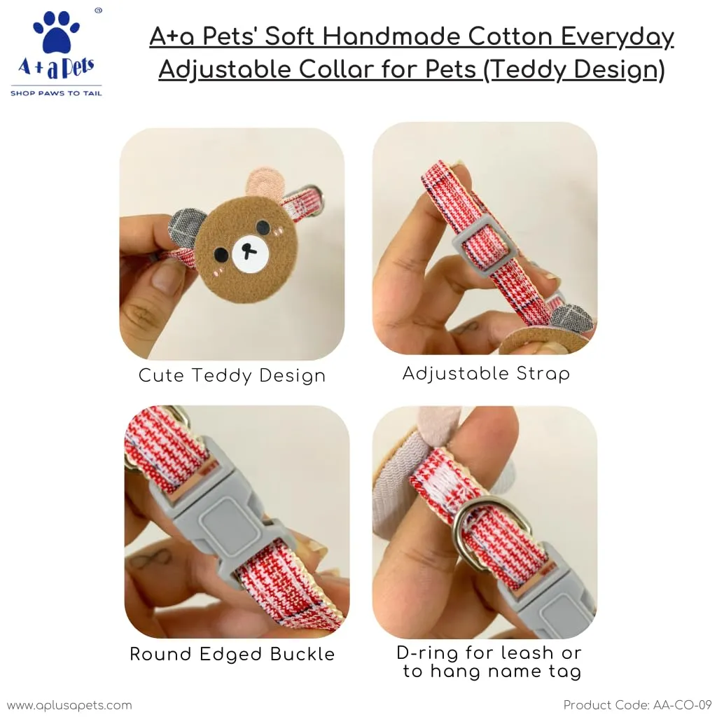 A a Pets' Teddy Design Soft Handmade Cotton Everyday Adjustable Cat Collar - Brown