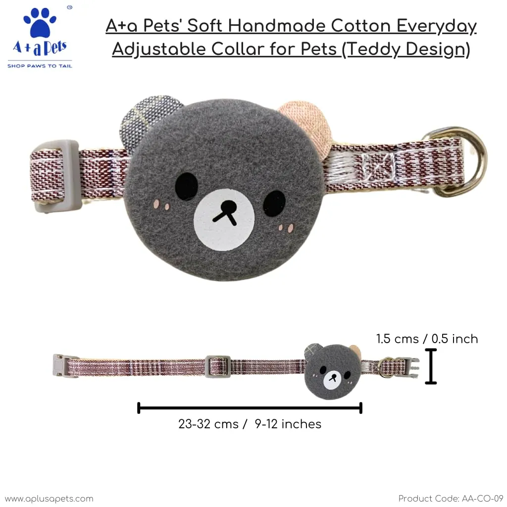 A a Pets' Teddy Design Soft Handmade Cotton Everyday Adjustable Cat Collar - Brown