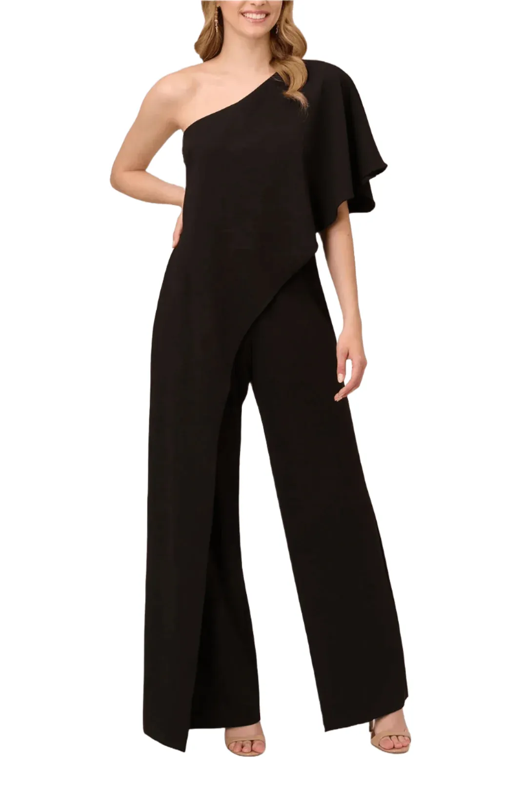 Adrianna Papell Asymmetrical One Shoulder Cape Sleeve Stretch Crepe Solid Jumpsuit