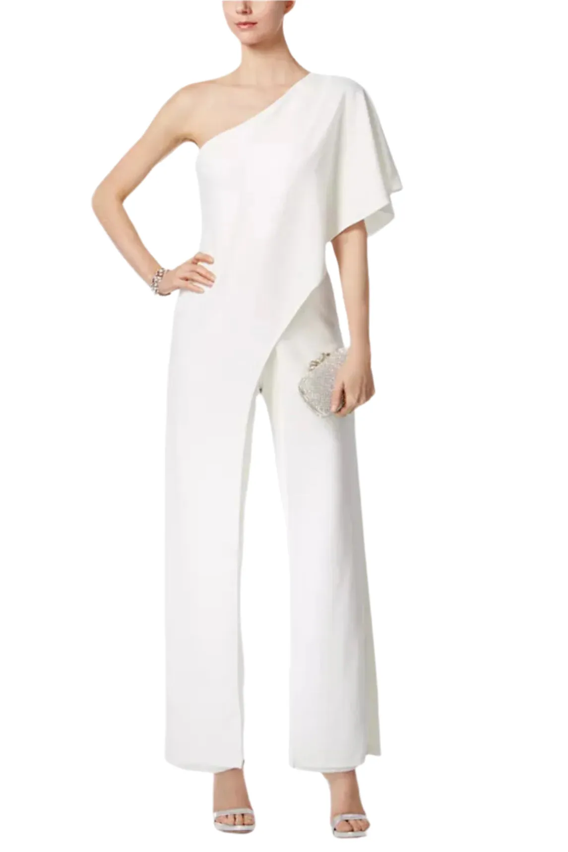 Adrianna Papell Asymmetrical One Shoulder Cape Sleeve Stretch Crepe Solid Jumpsuit