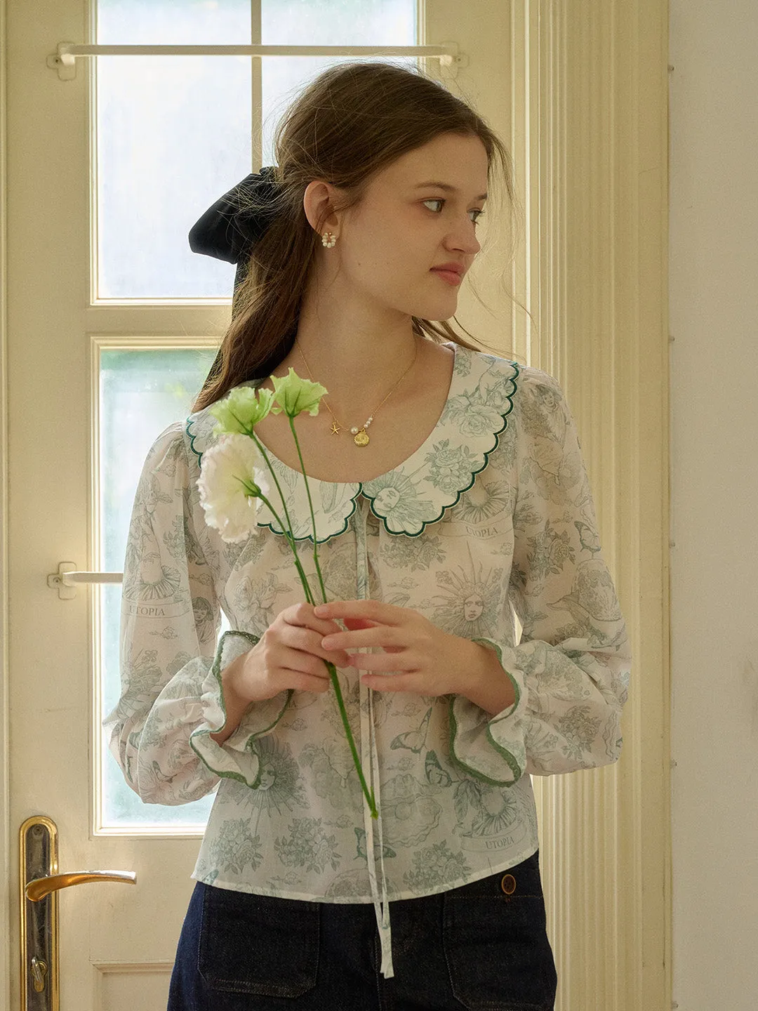 Aila Contrast Lace-up Lapel Puff Sleeve Lace Floral Print Blouse