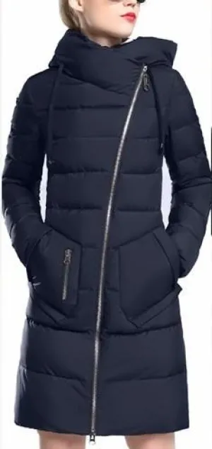 Asymmetric Zip Puffer Down Coat in Deep Blue