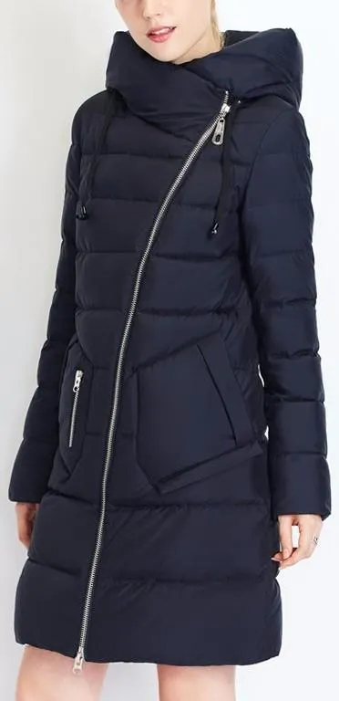 Asymmetric Zip Puffer Down Coat in Deep Blue