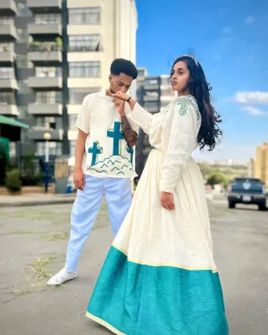 Azure Harmony: Couples' Ethiopian Outfit in Menen Fabric Habesha Couple's Outfit