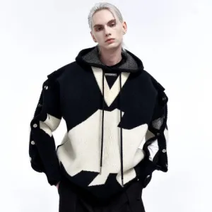 Black And White Fake Two-piece Embroidered Hooded Knitted Hoodie Jacket For Men