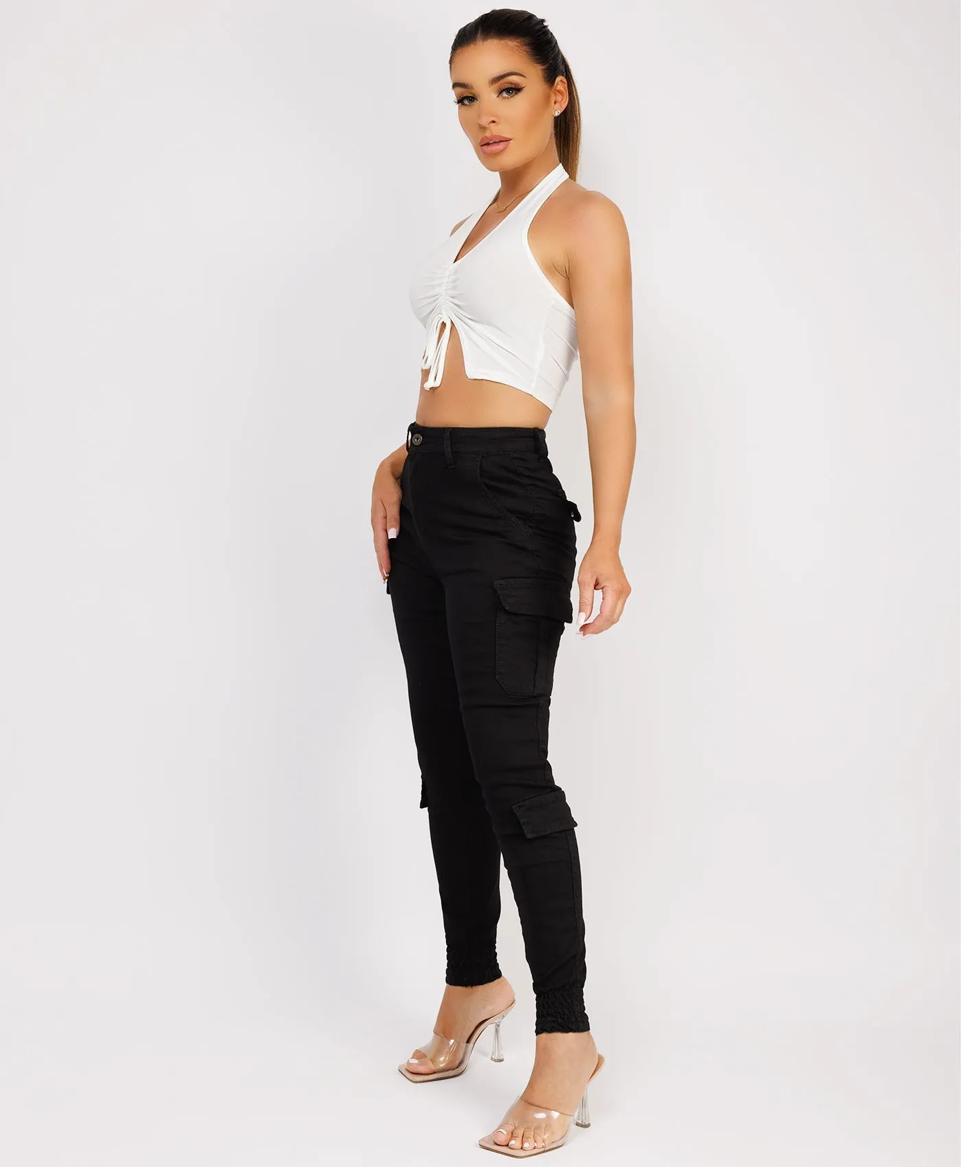 Black Chino Cargo Trousers with Cuffed Bottom and Pocket