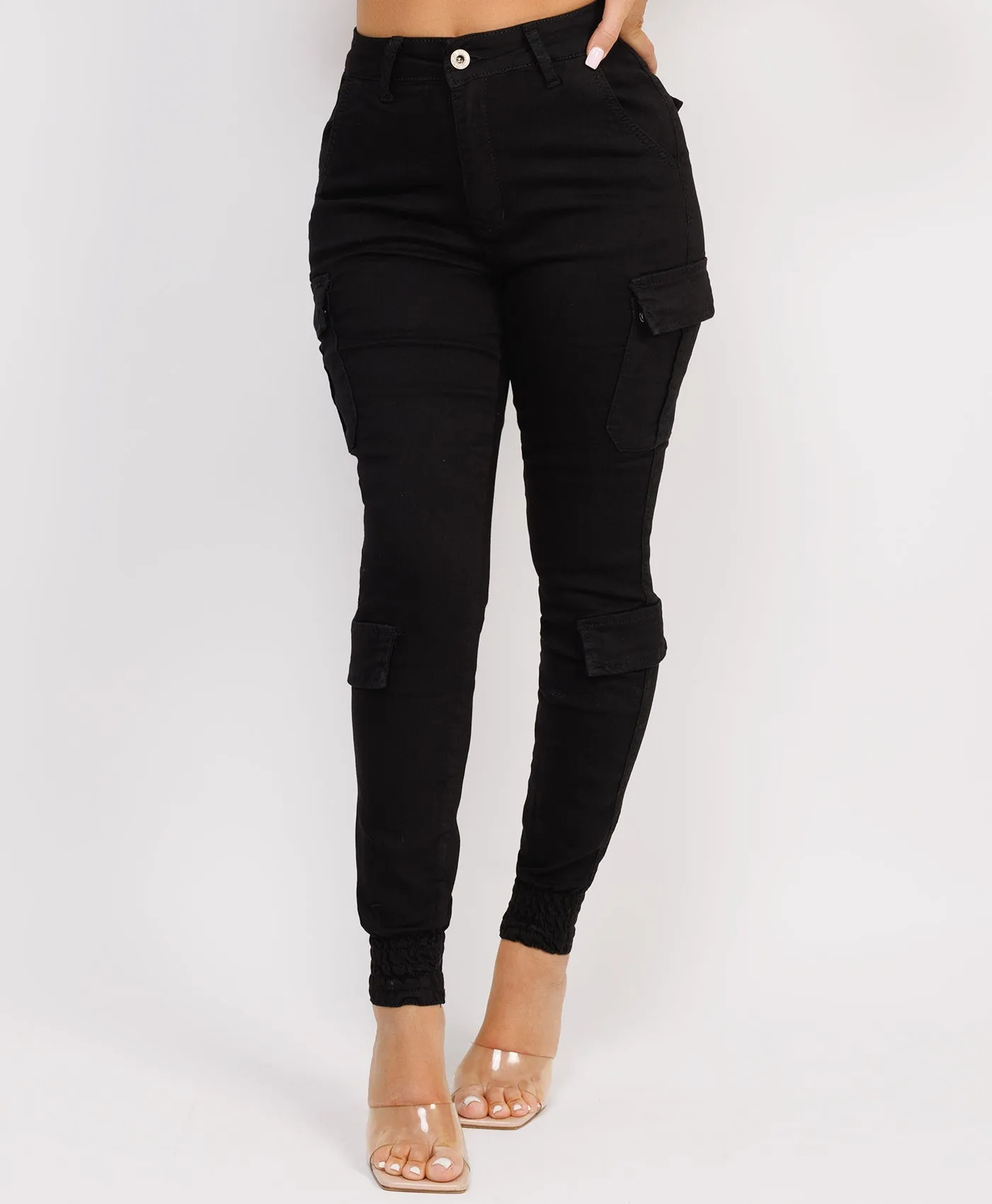 Black Chino Cargo Trousers with Cuffed Bottom and Pocket