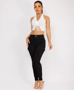 Black Chino Cargo Trousers with Cuffed Bottom and Pocket