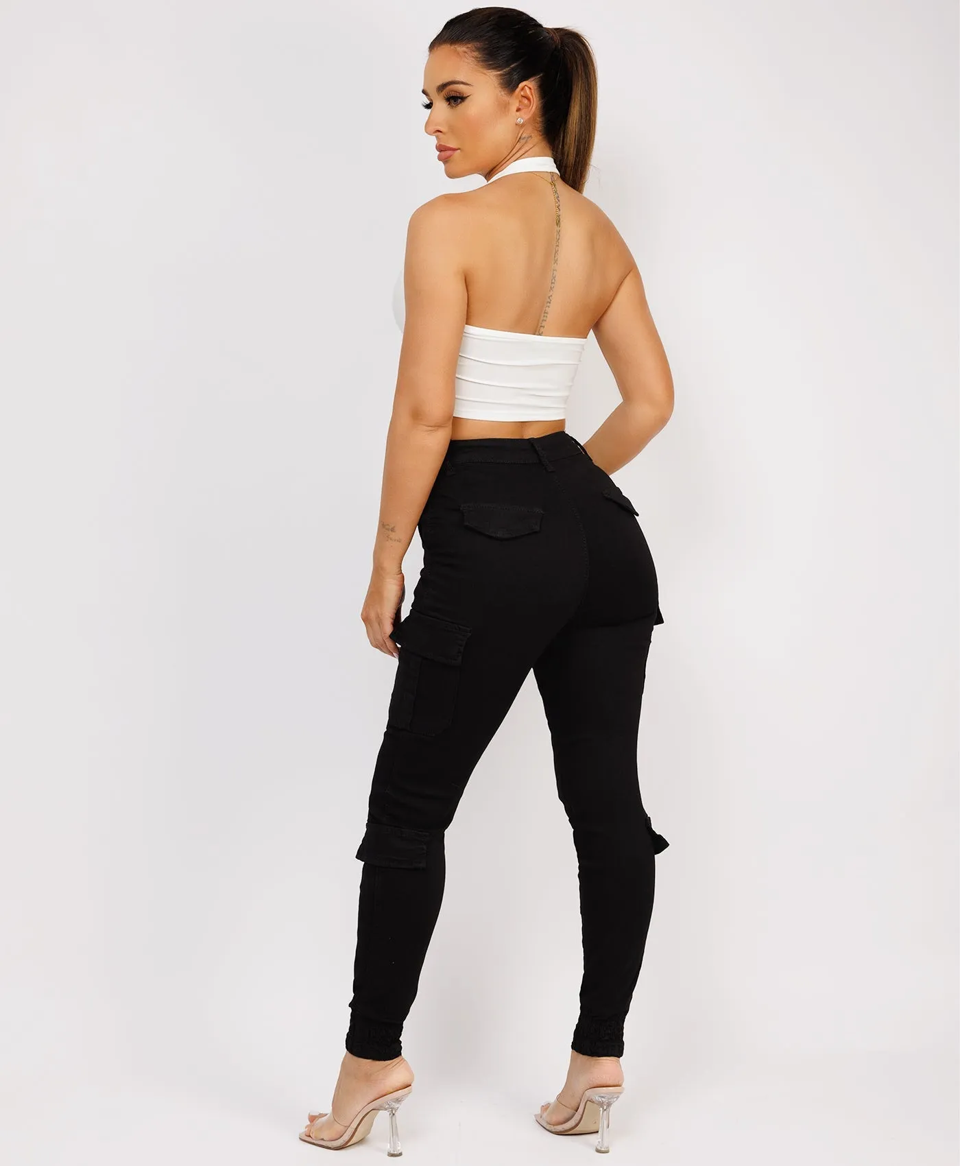 Black Chino Cargo Trousers with Cuffed Bottom and Pocket
