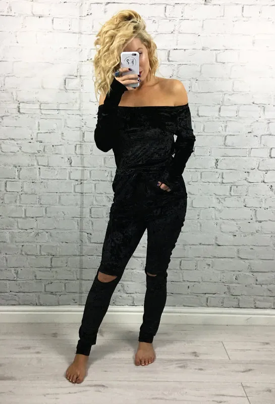 Black Crushed Velvet Off The Shoulder Split Knee Elle Jumpsuit