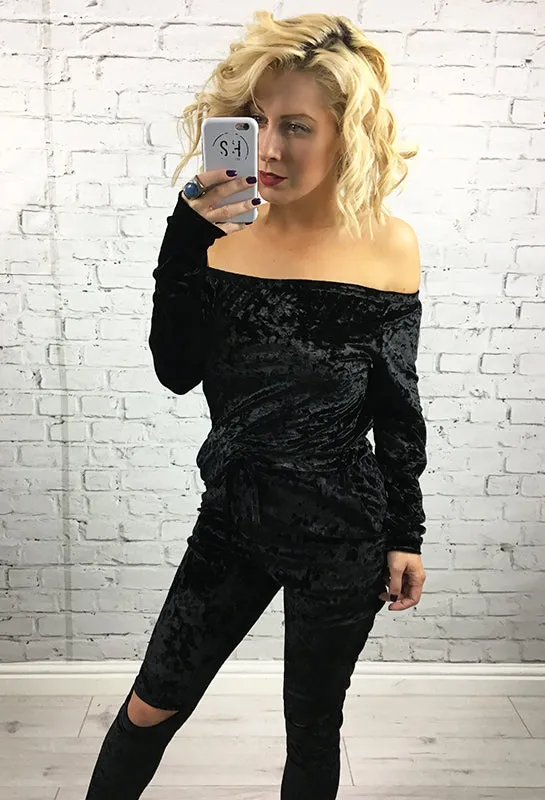 Black Crushed Velvet Off The Shoulder Split Knee Elle Jumpsuit