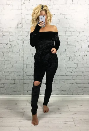 Black Crushed Velvet Off The Shoulder Split Knee Elle Jumpsuit