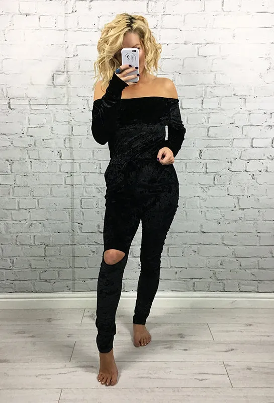 Black Crushed Velvet Off The Shoulder Split Knee Elle Jumpsuit