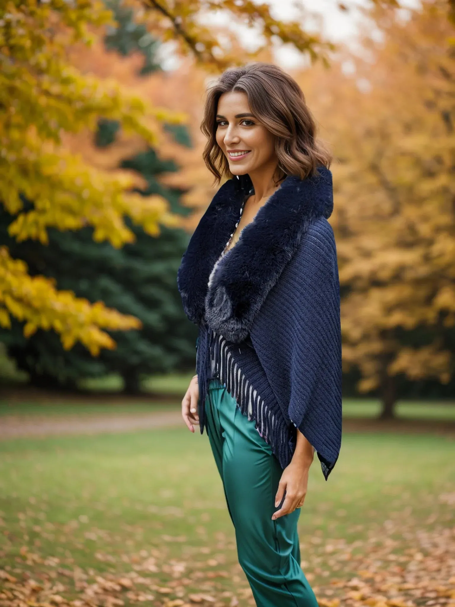 Black Ginger Navy Faux Fur Collar Knitted Shrug - 736-501