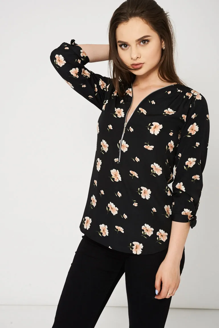 Black Top With Floral Print Ex-Branded Available In Plus Sizes