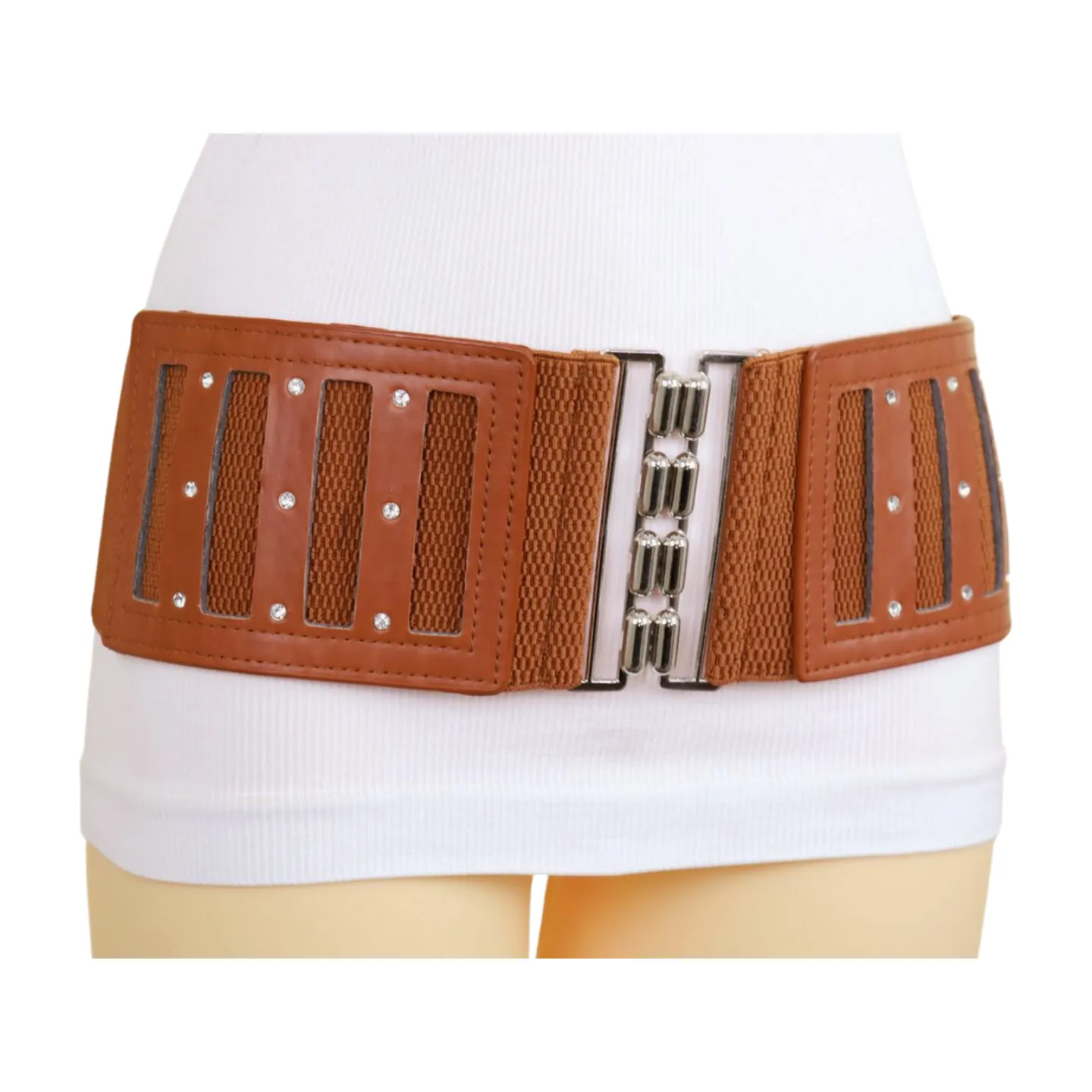 Brown Elastic Band Wide Belt Silver Metal Buckle Fit Size S M
