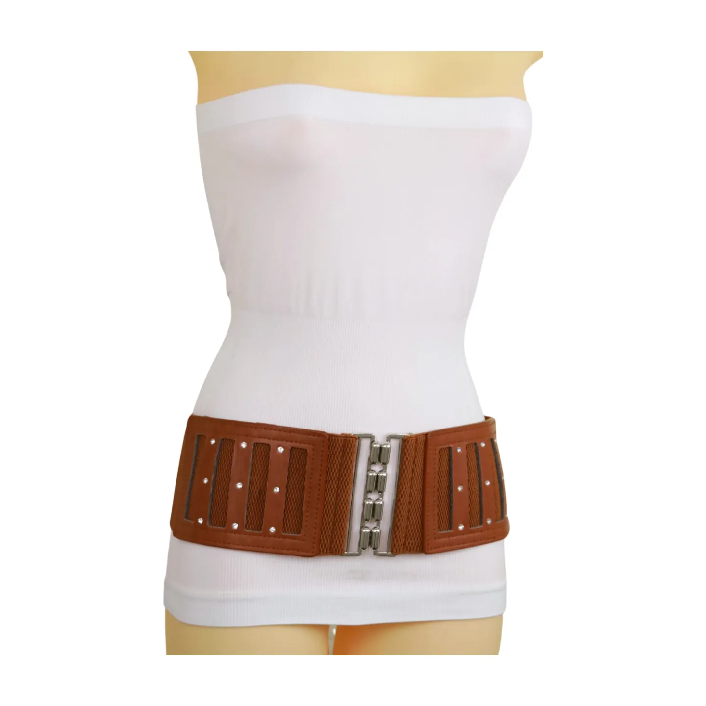 Brown Elastic Band Wide Belt Silver Metal Buckle Fit Size S M