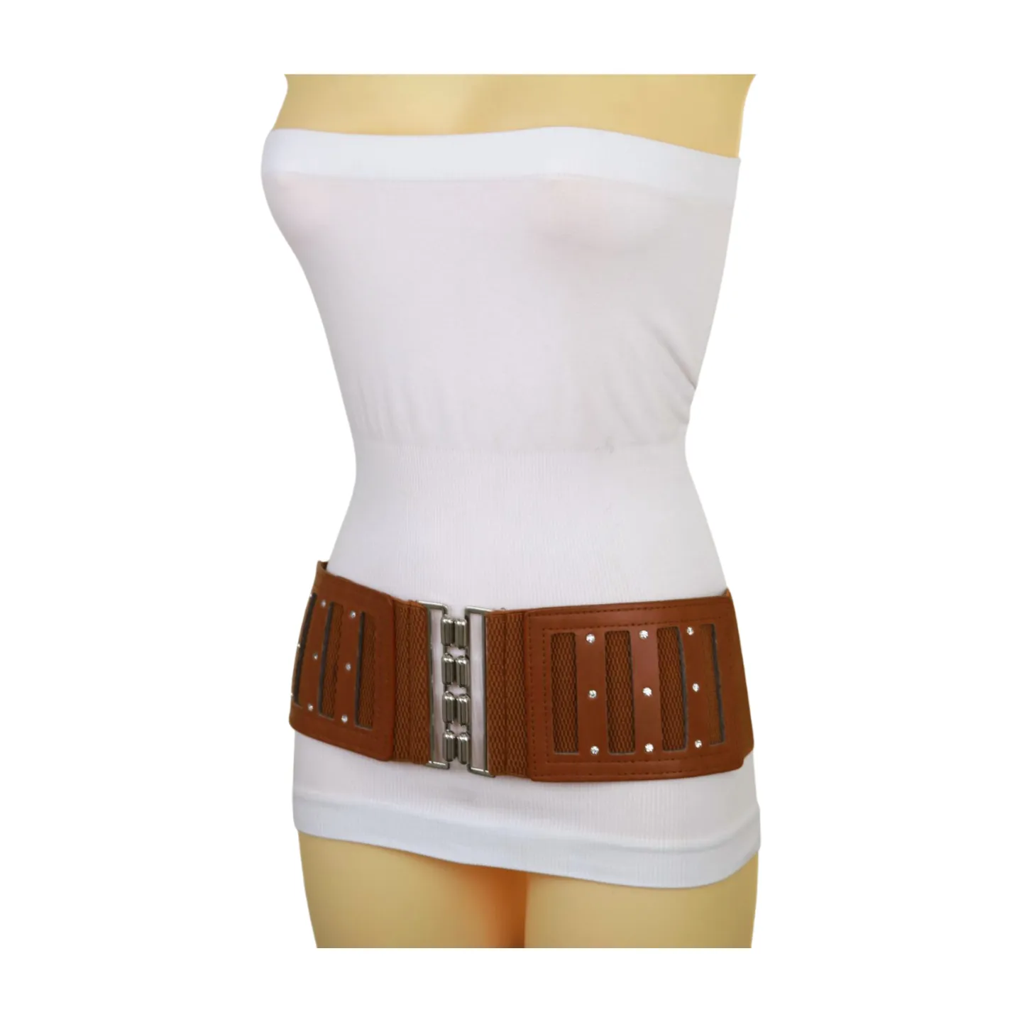 Brown Elastic Band Wide Belt Silver Metal Buckle Fit Size S M