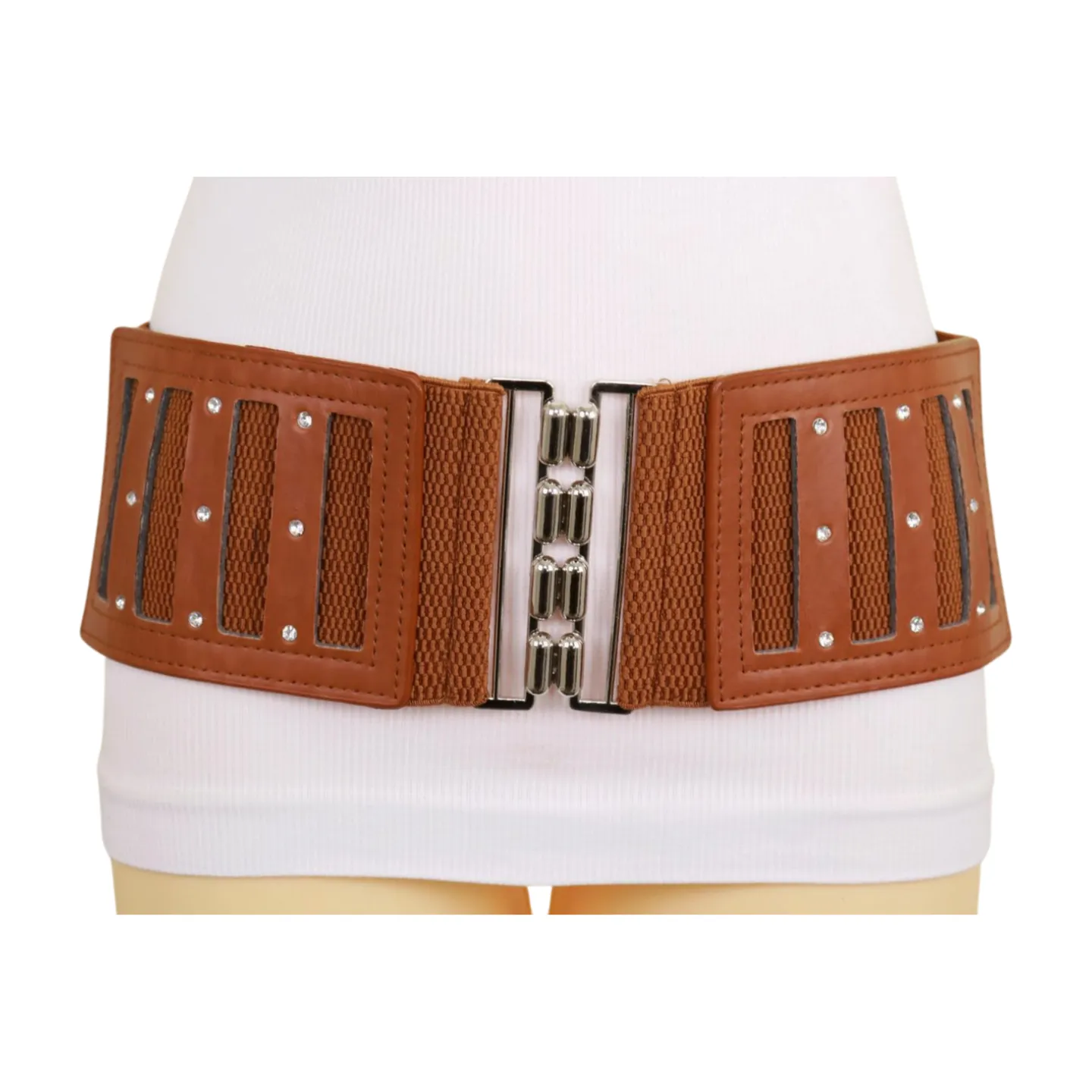 Brown Elastic Band Wide Belt Silver Metal Buckle Fit Size S M