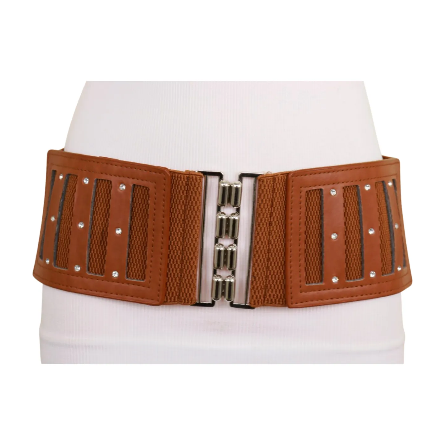 Brown Elastic Band Wide Belt Silver Metal Buckle Fit Size S M