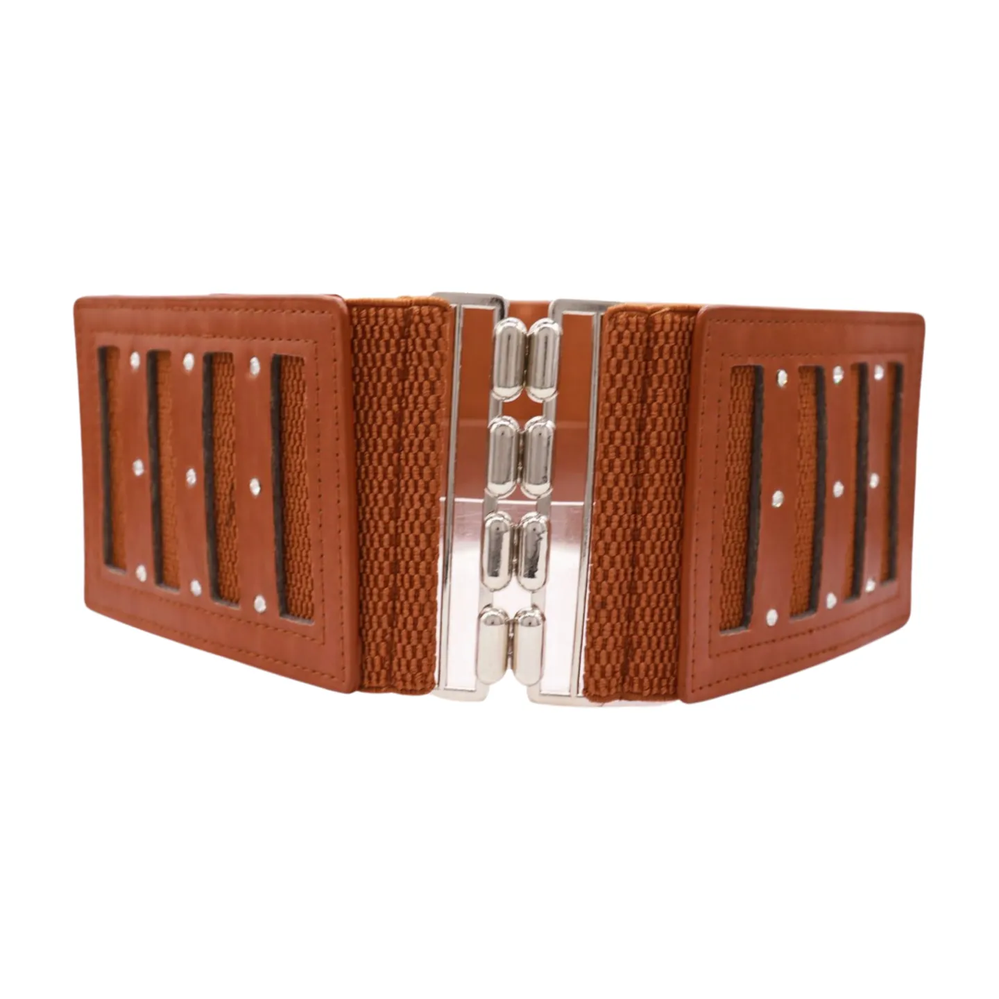 Brown Elastic Band Wide Belt Silver Metal Buckle Fit Size S M