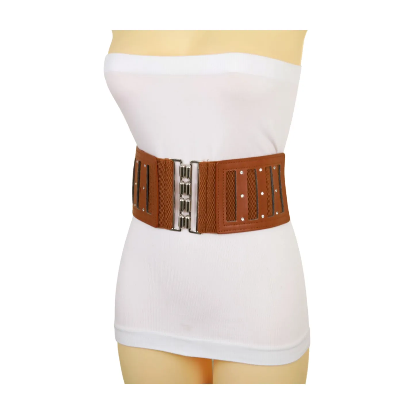 Brown Elastic Band Wide Belt Silver Metal Buckle Fit Size S M