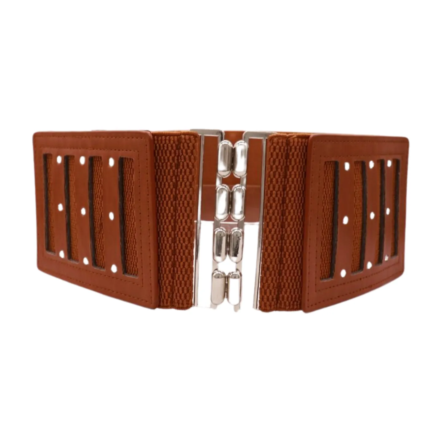 Brown Elastic Band Wide Belt Silver Metal Buckle Fit Size S M