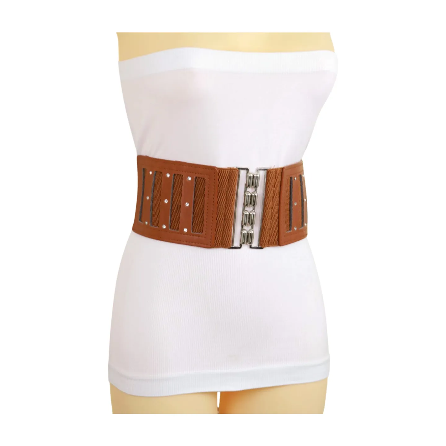 Brown Elastic Band Wide Belt Silver Metal Buckle Fit Size S M