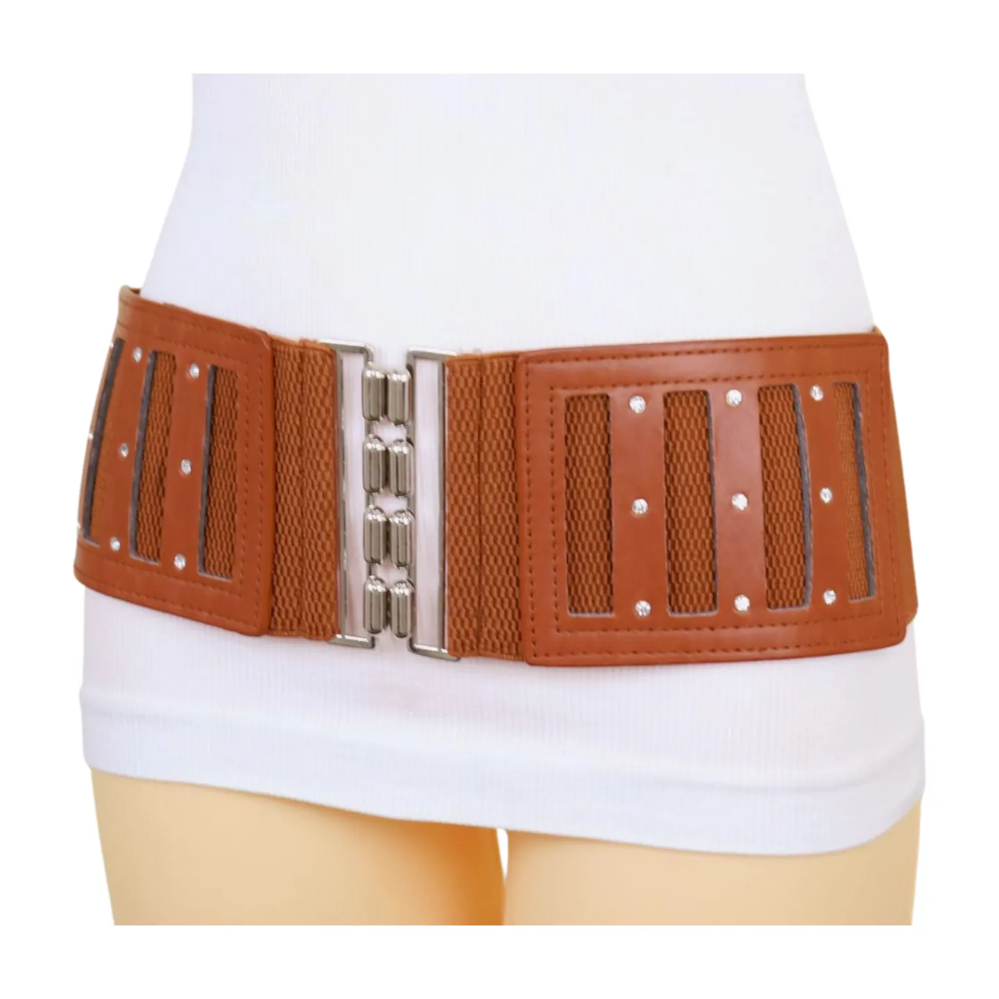 Brown Elastic Band Wide Belt Silver Metal Buckle Fit Size S M