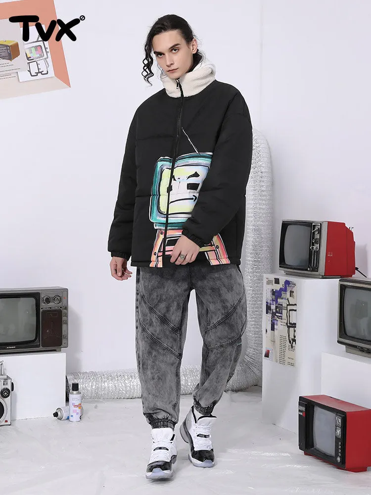 Cartoon TV man printed different material splicing closed sleeve stand collar cotton-padded jacket