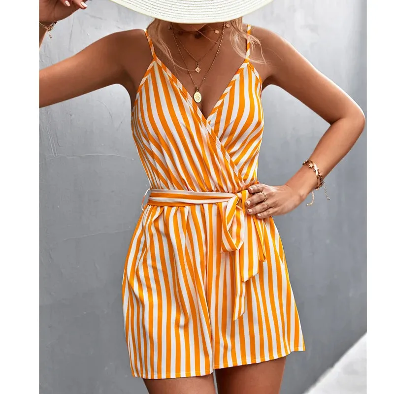 Casual Sleeveless Sashes Belt Dress Summer Sexy V-neck Suspender Jumpsuit Women Fashion Backless Yellow Striped Dresses Vestidos