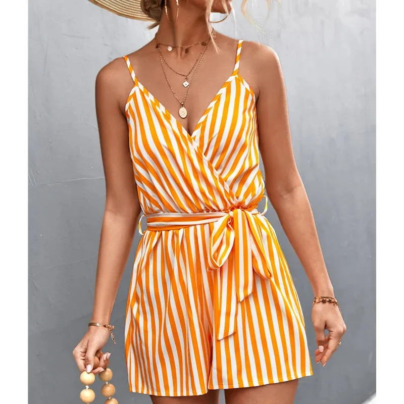 Casual Sleeveless Sashes Belt Dress Summer Sexy V-neck Suspender Jumpsuit Women Fashion Backless Yellow Striped Dresses Vestidos