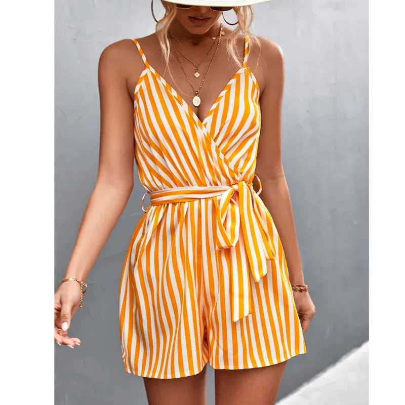 Casual Sleeveless Sashes Belt Dress Summer Sexy V-neck Suspender Jumpsuit Women Fashion Backless Yellow Striped Dresses Vestidos