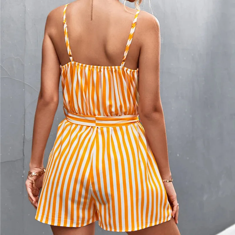 Casual Sleeveless Sashes Belt Dress Summer Sexy V-neck Suspender Jumpsuit Women Fashion Backless Yellow Striped Dresses Vestidos