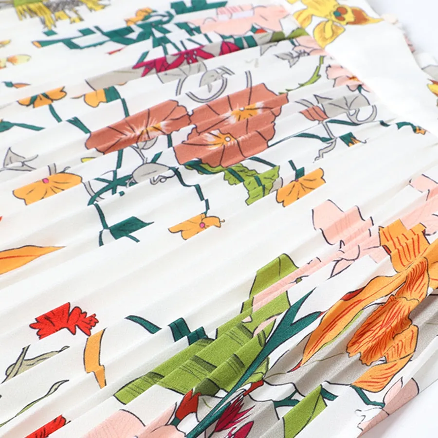 Casual  Spring  Colorful Flowers Printed Pleated Long Skirt