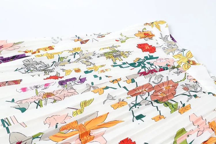 Casual  Spring  Colorful Flowers Printed Pleated Long Skirt