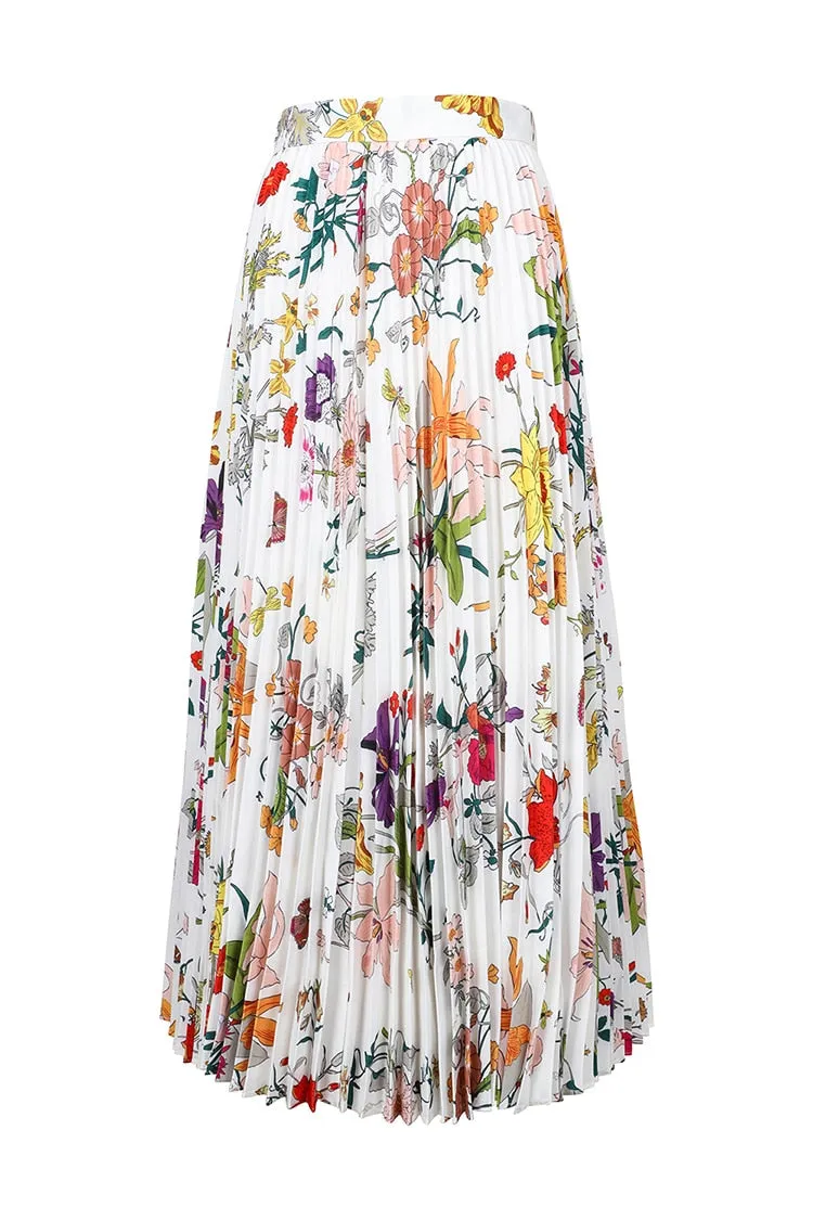 Casual  Spring  Colorful Flowers Printed Pleated Long Skirt