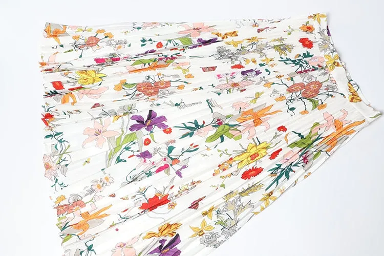 Casual  Spring  Colorful Flowers Printed Pleated Long Skirt