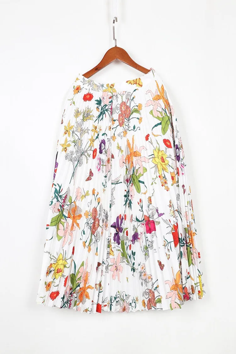 Casual  Spring  Colorful Flowers Printed Pleated Long Skirt