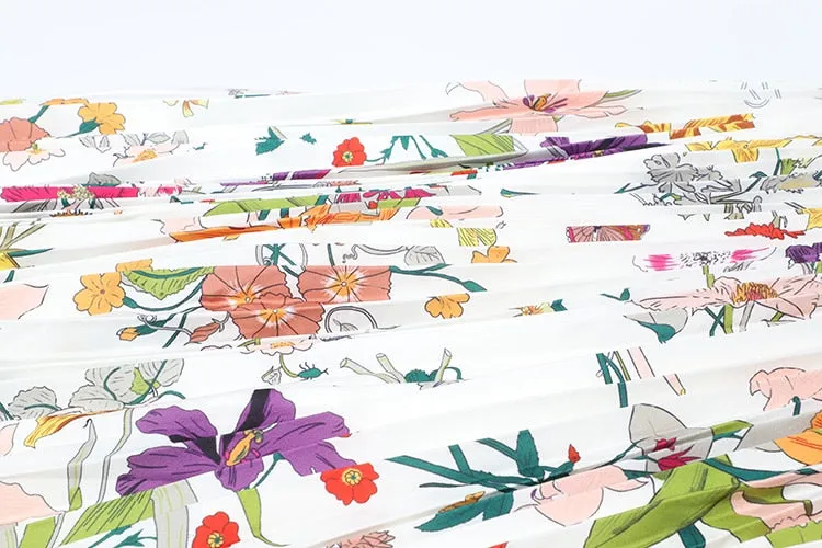 Casual  Spring  Colorful Flowers Printed Pleated Long Skirt
