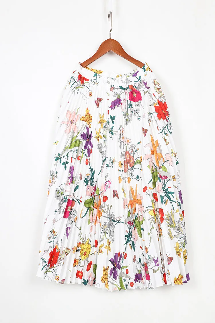 Casual  Spring  Colorful Flowers Printed Pleated Long Skirt