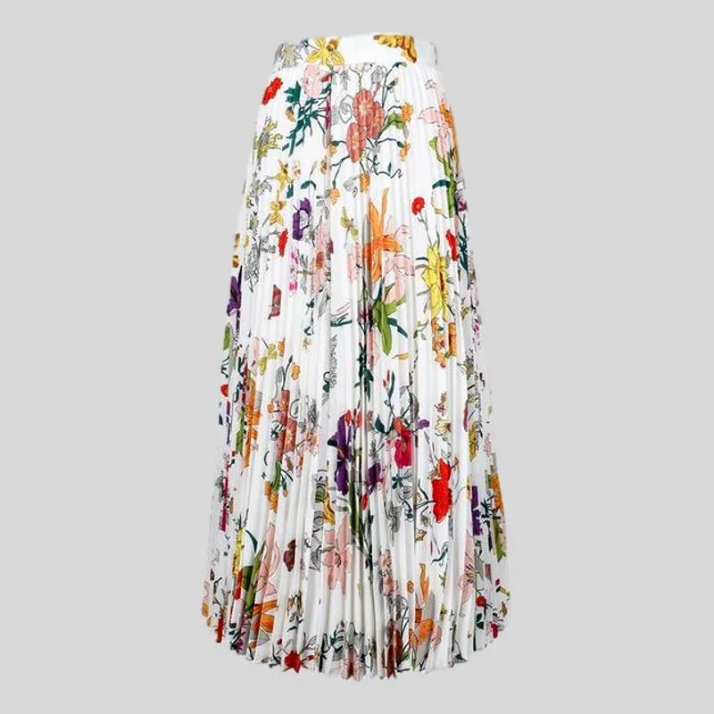 Casual  Spring  Colorful Flowers Printed Pleated Long Skirt