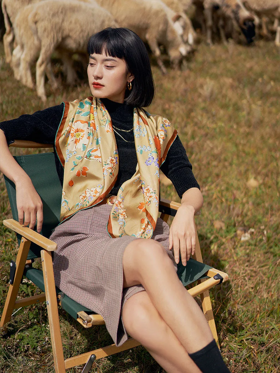 Chowxiaodou Rose Print Twill Silk Square Scarf-Yellow
