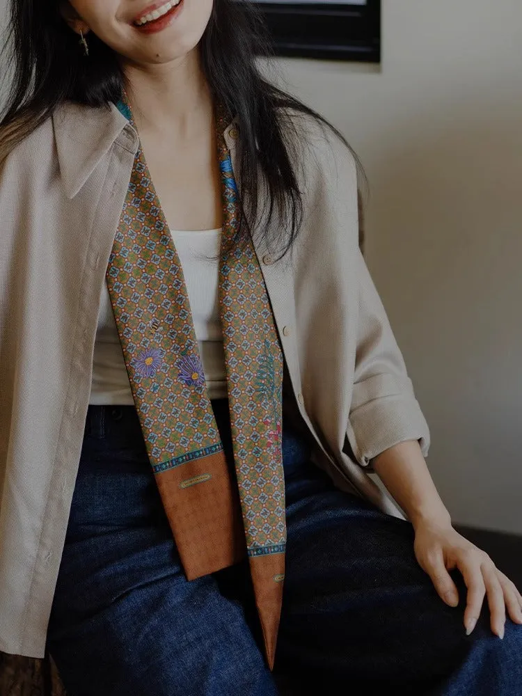 Copy of Chowxiaodou Printed Twill Silk Narrow Scarf-Brown