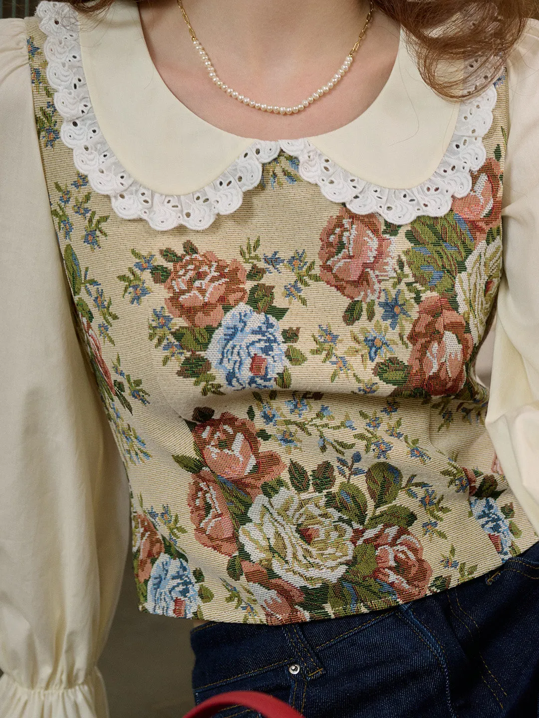 Coraline Lace Doll Collar Bell Sleeves Floral Patchwork Eedwardian Style Top