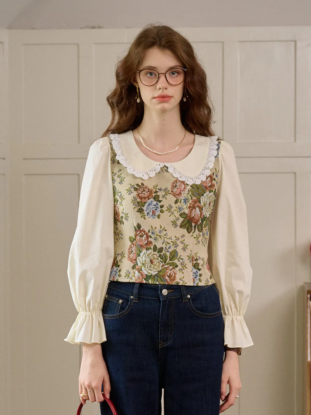 Coraline Lace Doll Collar Bell Sleeves Floral Patchwork Eedwardian Style Top