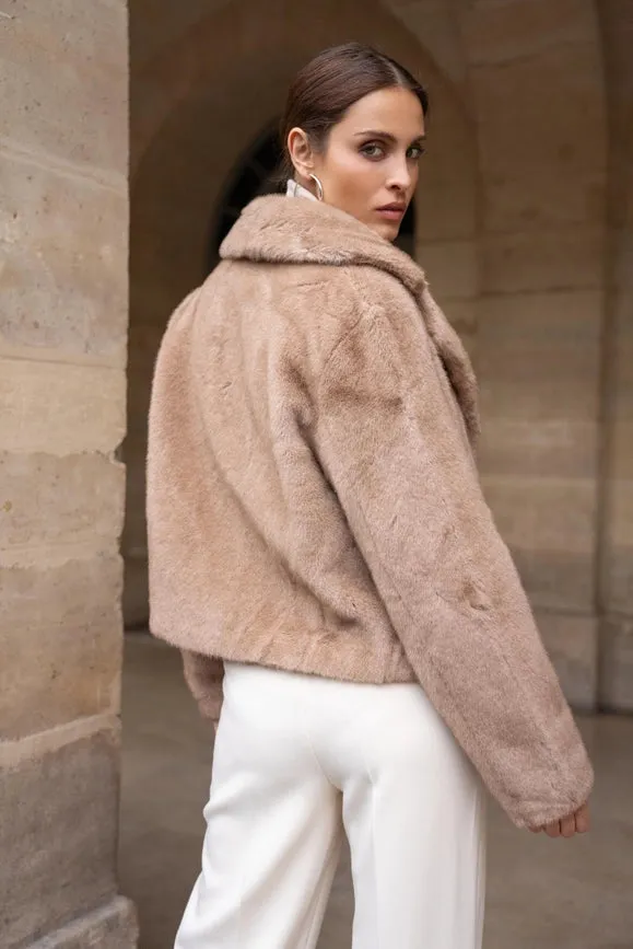 Cropped Jacket Synthetic Fur with Lapel Collar Camel