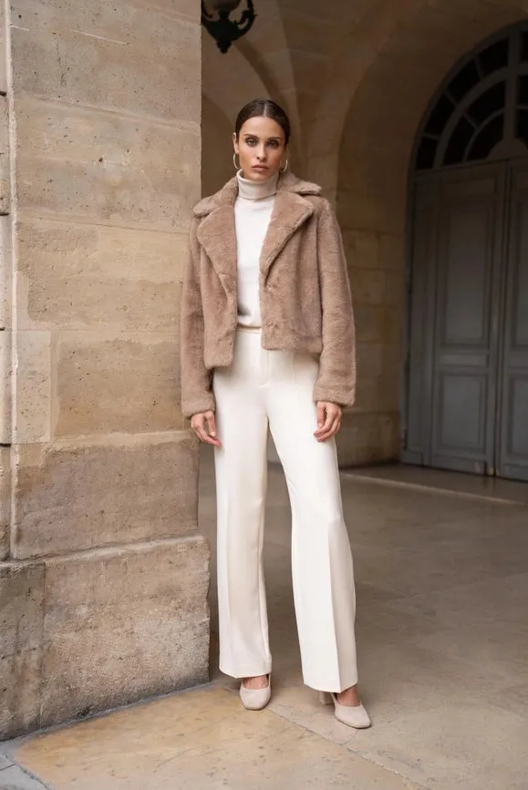 Cropped Jacket Synthetic Fur with Lapel Collar Camel