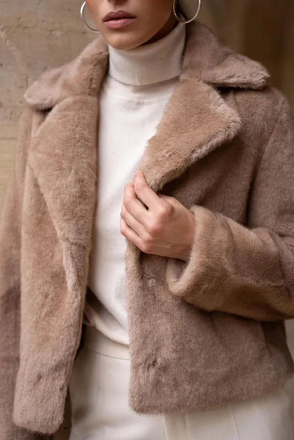 Cropped Jacket Synthetic Fur with Lapel Collar Camel