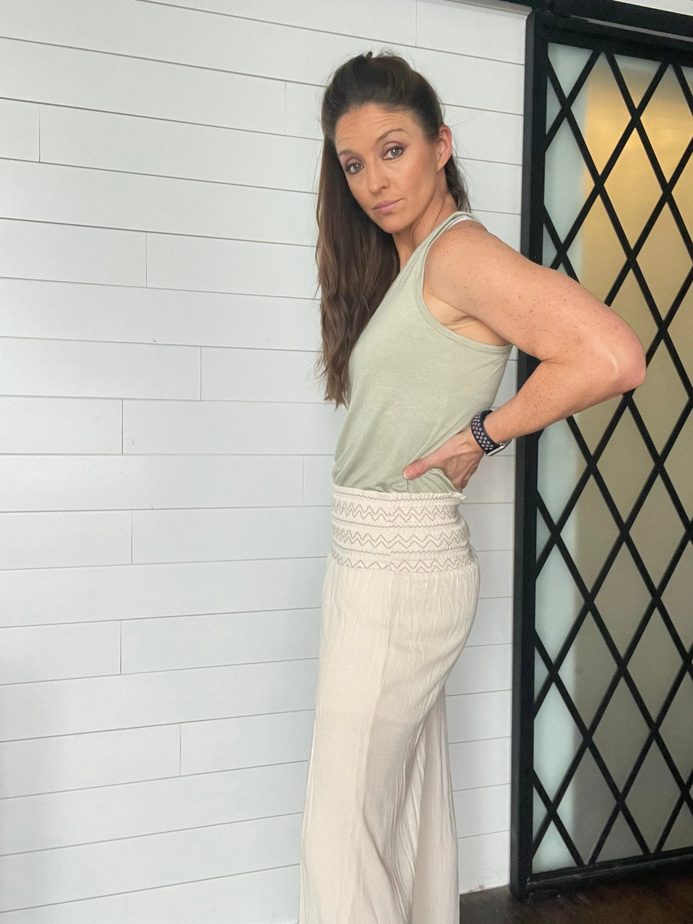 Cross back tunic tank top in lavender, sage and light blue